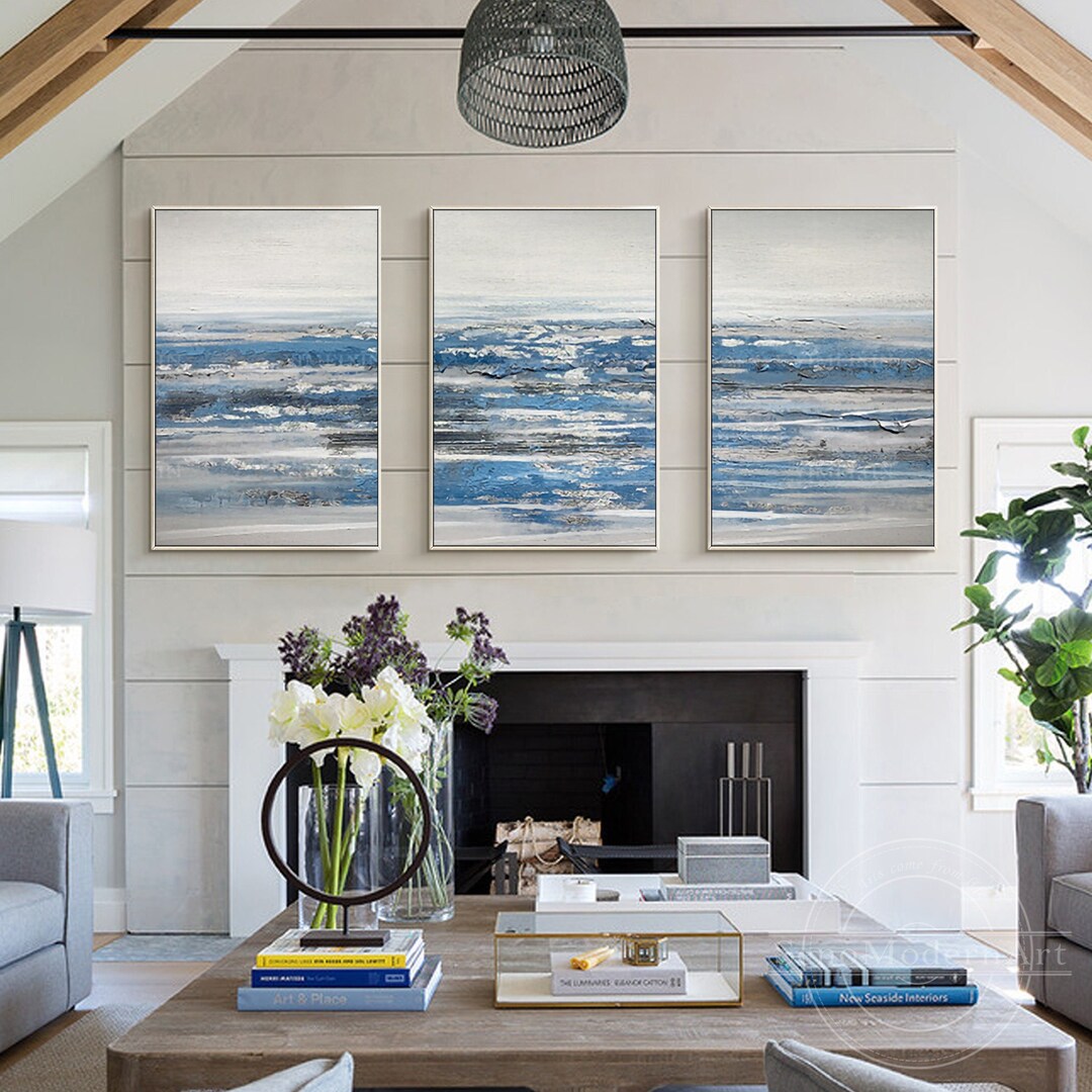 Set of 3 Light Blue Gray Abstract Painting Minimalist Framed Wall Art ...