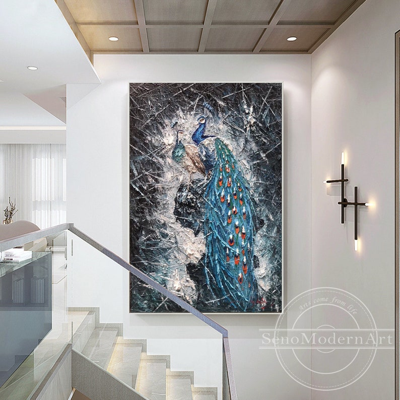 Teal Blue Peacock Palette Knife Painting Wall Decor Scars Etsy