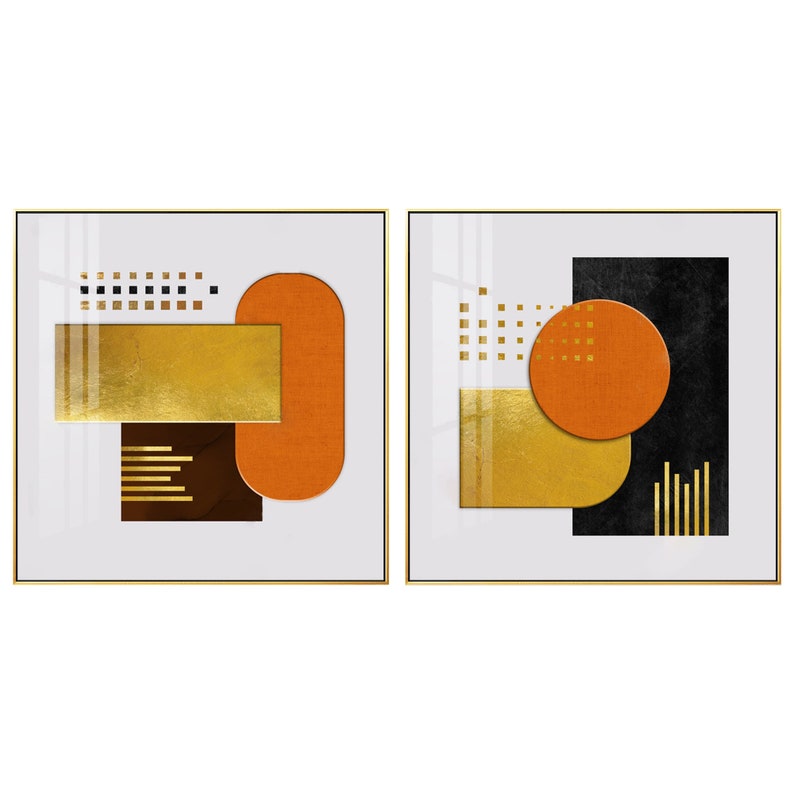 Set of 2 Frame Wall Art Geometric Abstract Gold Black Orange Etsy