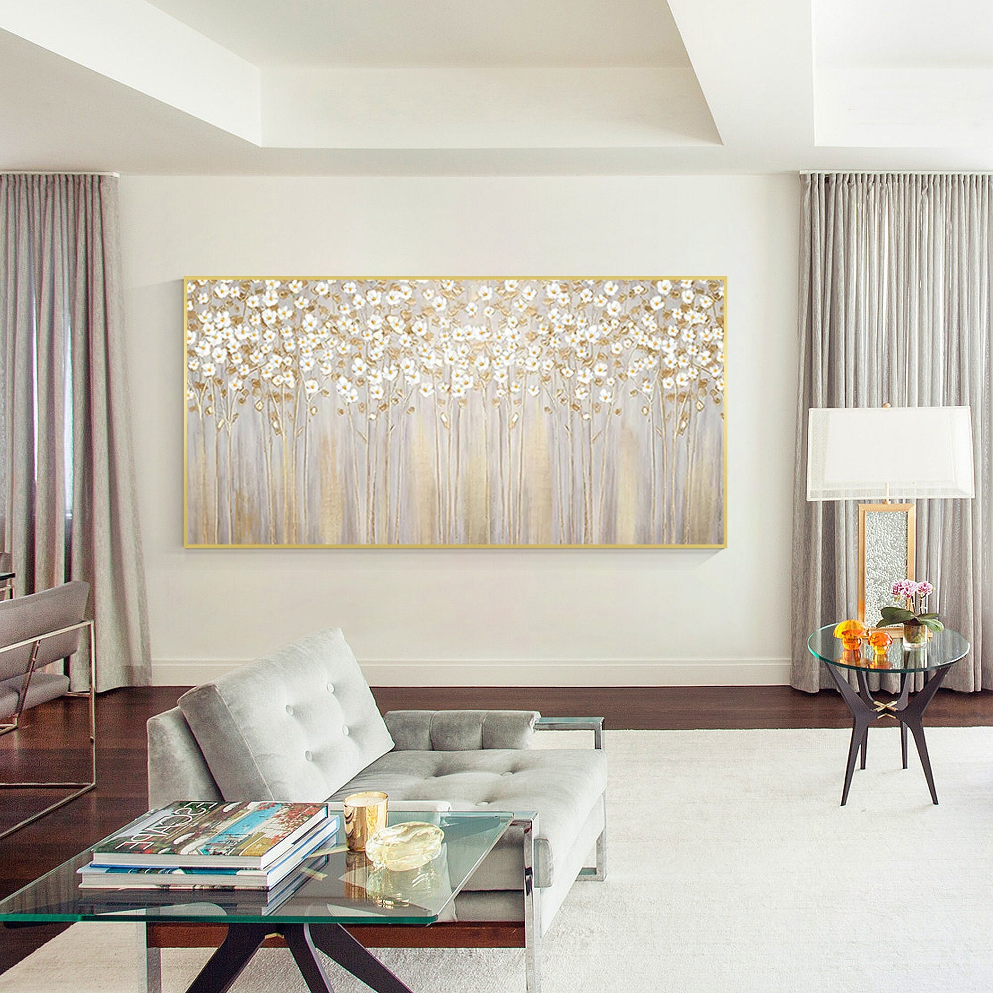 Gold White Flower Painting Gold Leaf 3D Textured Wall Art Original ...