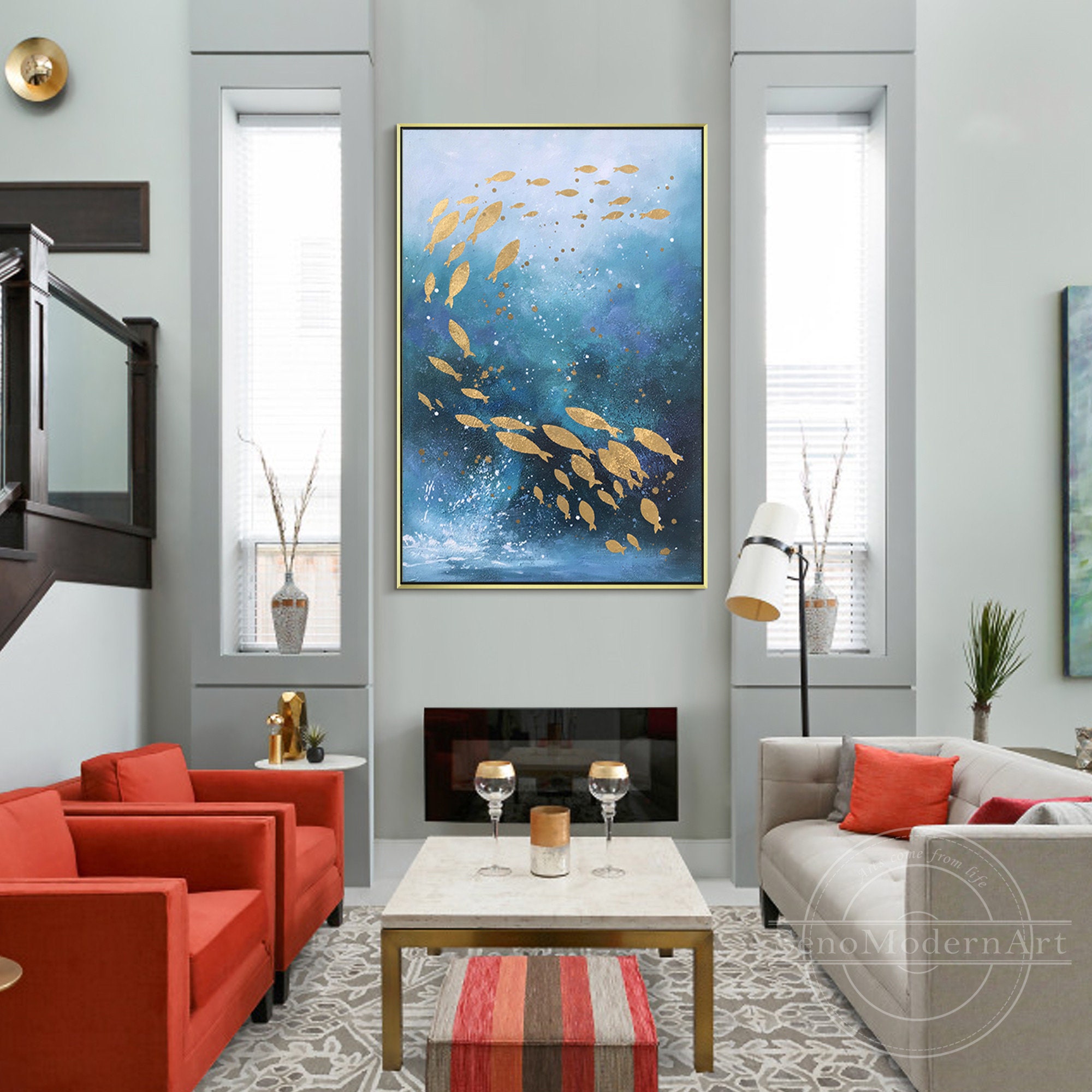 Gold Fish Ocean Painting Sky Blue Modern Abstract Framed Wall Art ...