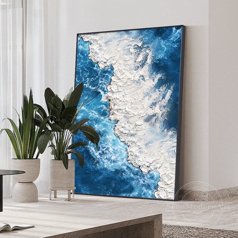 3D Textured Art Ocean Painting Teal Blue Abstract Wall Art Etsy