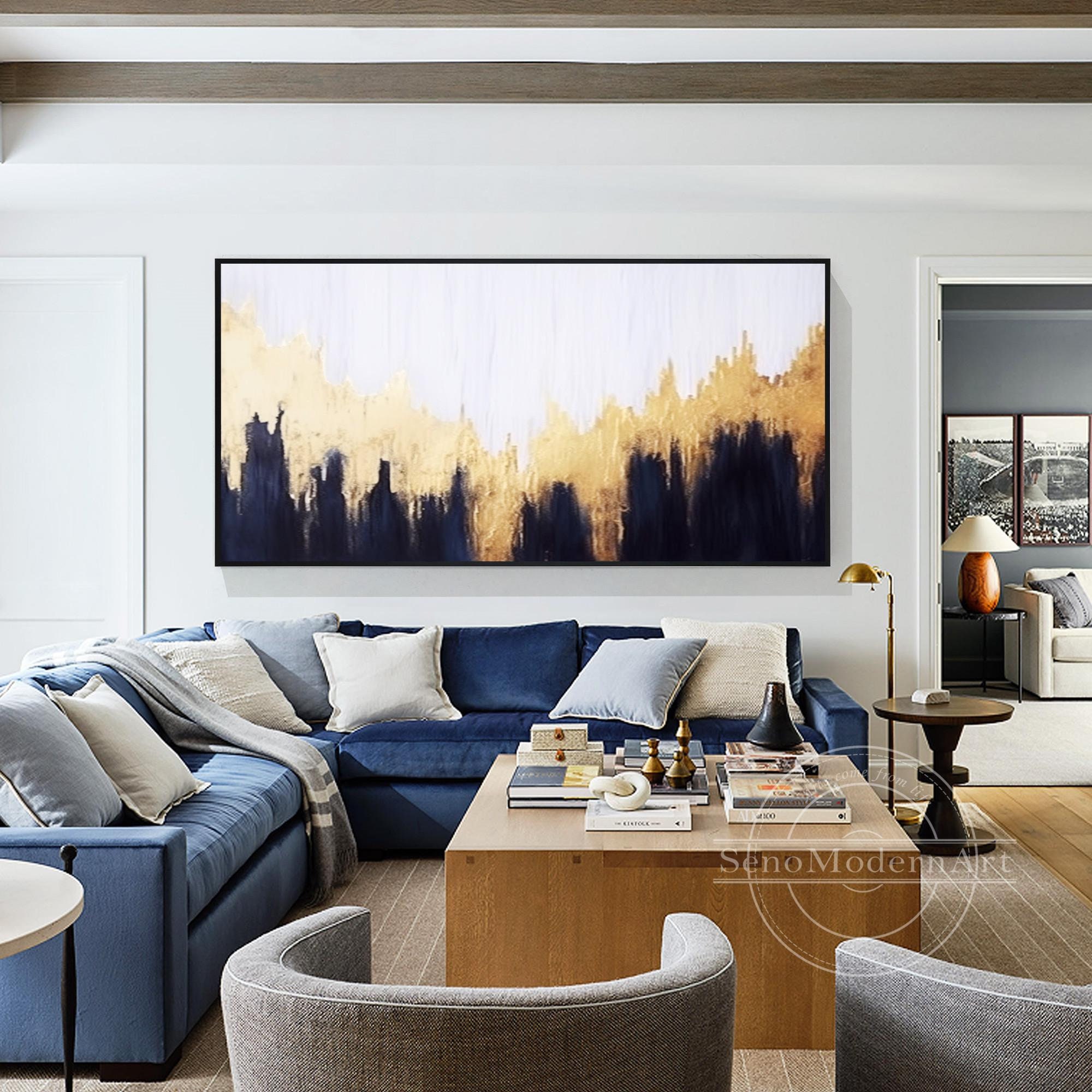 Gold Leaf Dark Blue Abstract Wall Art Shiny Original Painting Canvas ...
