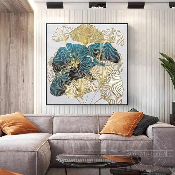 Green and Gold Ginkgo Leaf Wall Art,hand Painted Botanical Canvas