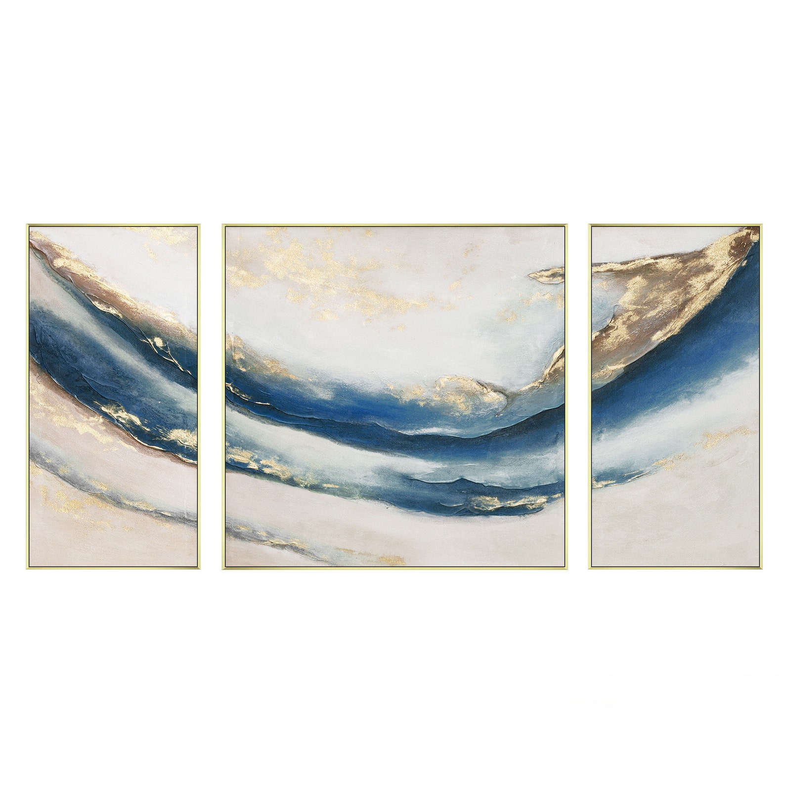 Set of 3 Gold Dolphin Navy Blue Ocean Abstract Framed Wall Art Heavy ...
