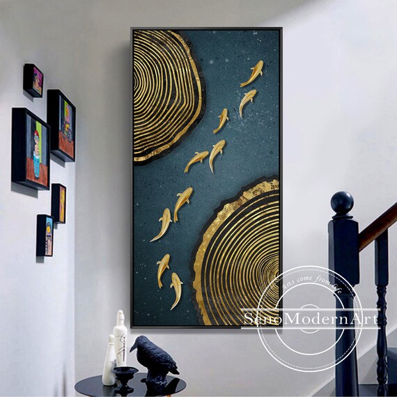 9 Koi Gold Fish Canvas Print Gray Blue Ocean Abstract Print | Etsy