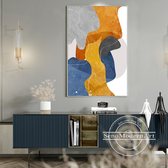 Grande toile murale abstraite encadrée - Images en toile naturelle et rustique bleu marine pour