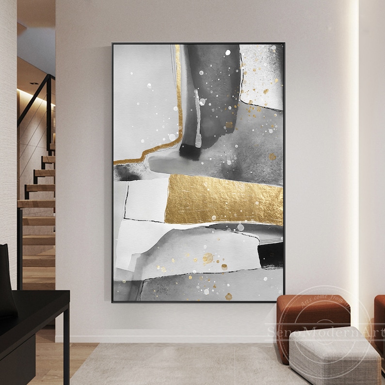 Frame Wall Art Modern Abstract Gold Grey Black and White Print Painting on Canvas Large Wall Art Picture Print Printable Wall Art Prints