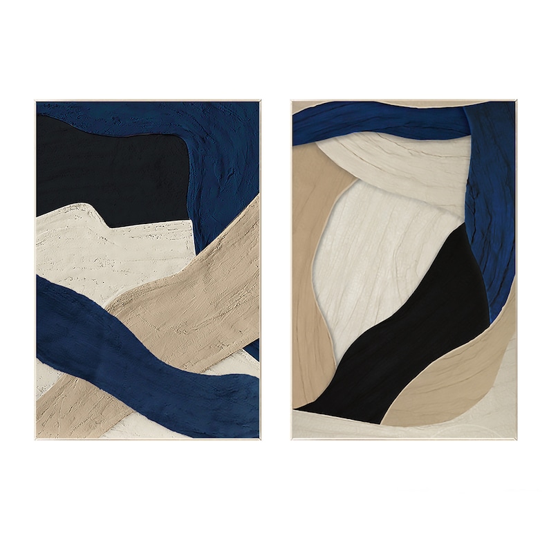 May include: A set of two rectangular wall art pieces featuring abstract compositions. The paintings display thick, textured brushstrokes in deep navy blue, solid black, off-white, and light beige, arranged in overlapping, curved, and layered shapes.