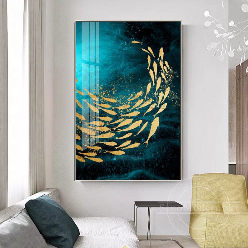 Gold Fish Painting Turquoise Framed Wall Art Gold Leaf Fishes Etsy