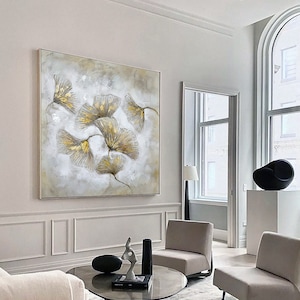 Dark Gold Ginkgo Leaves Painting Gray Abstract Art Ginkgo Biloba Art Hand Painted Original painting Square Framed Wall Art Large Wall Decor