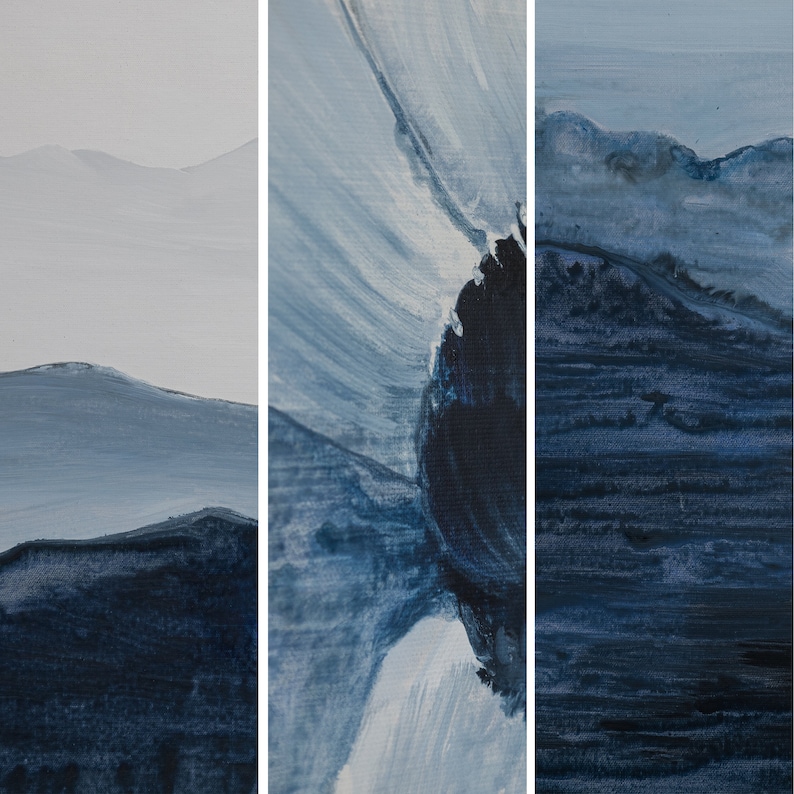 Set of 3 Navy Blue Abstract Flower Painting Mountain Landscape Painting ...