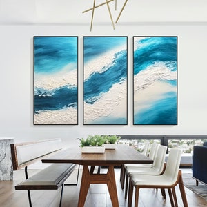 Set of 3 Blue Abstract Ocean Wave Wall Art Abstract Seascape Wall Art ...
