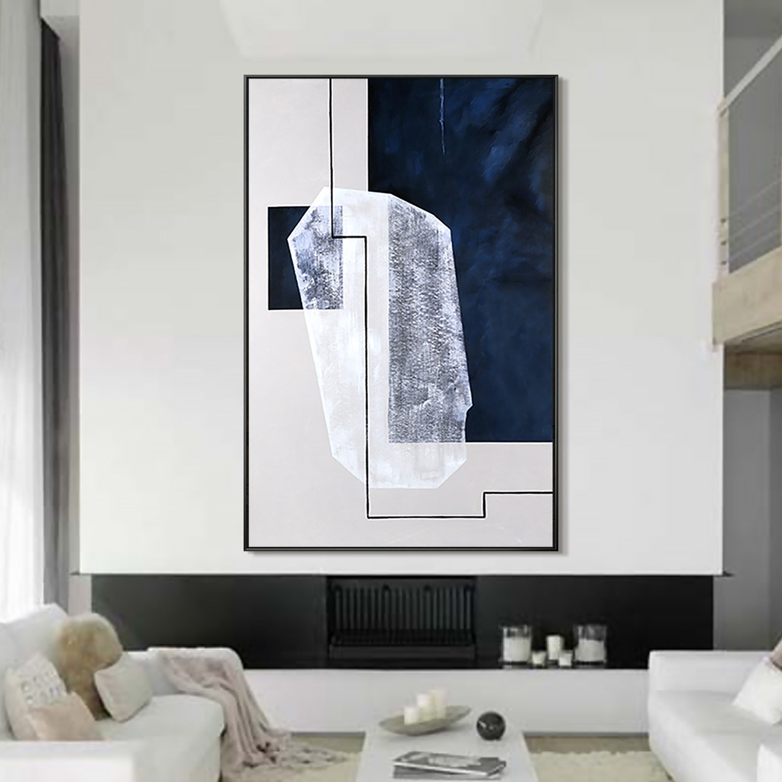 Navy Blue Geometric Painting Dark Blue Rectangle White Etsy
