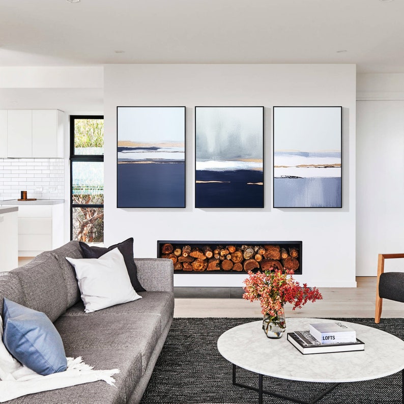 Navy Blue Gold Abstract Ocean Painting: Coastal Wall Art Set of 3 - Etsy