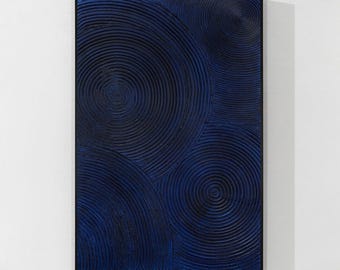 Dunkelblaue Kreis-Linie Abstrakte Malerei, minimalistische vertikale Wandkunst, strukturiertes handgemaltes Gemälde, Übergröße Extra große Kunst