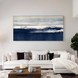 Navy Blue Painting Silver Textured Art Minimalist Abstract Framed Wall Art Ocean Original painting on Canvas Large Living Room Wall Decor
