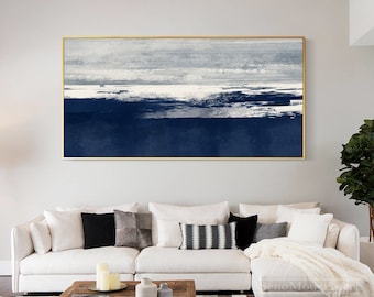 Navy Blue Painting Silver Textured Art Minimalist Abstract Framed Wall Art Ocean Original painting on Canvas Large Living Room Wall Decor
