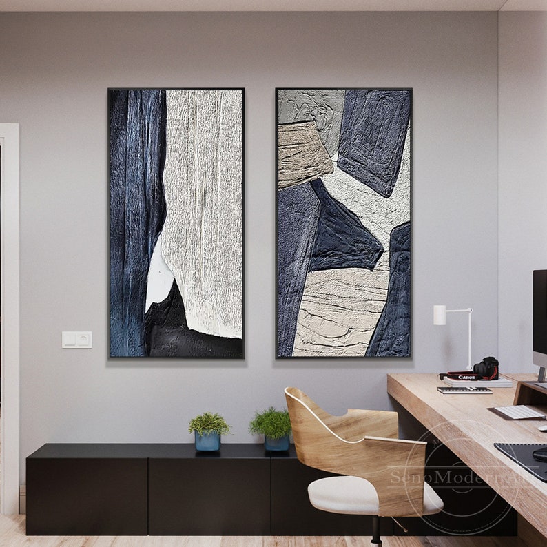 Set of 2 Gray Blue Beige Textured Art Brown Abstract Painting Etsy