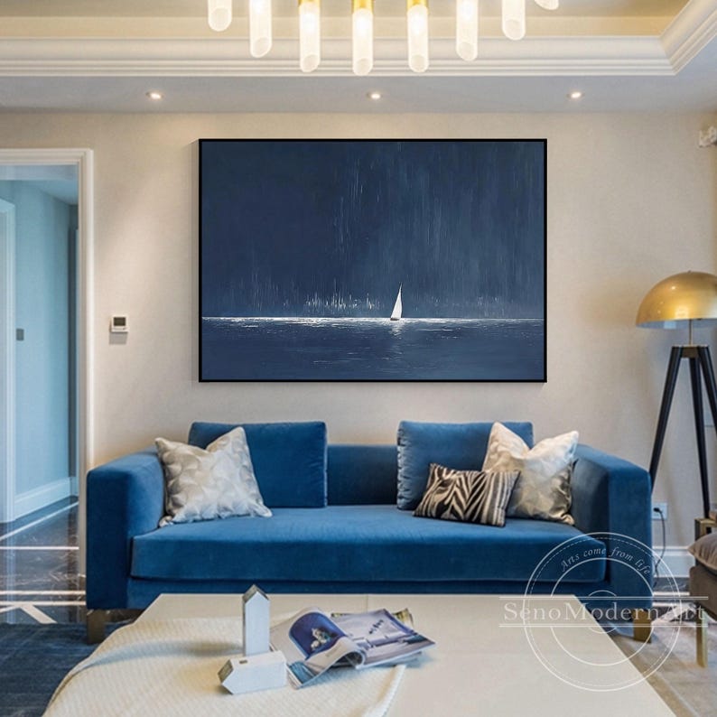 Dark blue ocean textured canvas art