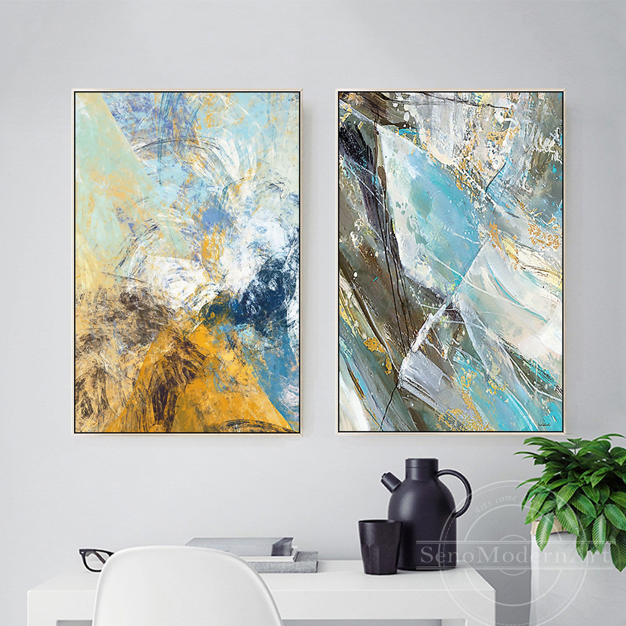 Set of 2 Frame Wall Art Abstract Blue Yellow Black Print Painting on ...