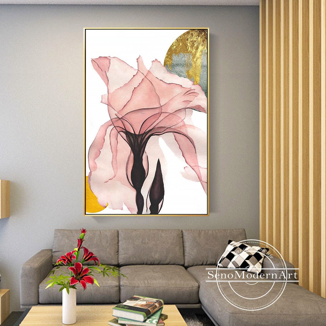 Pink Flower Frame Wall Art Modern Abstract Floral Gold Leaf Painting ...