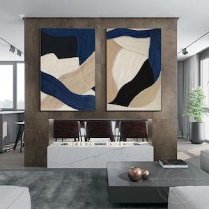 Set of 2 abstract textured paintings in navy blue, beige, cream, and black for living room