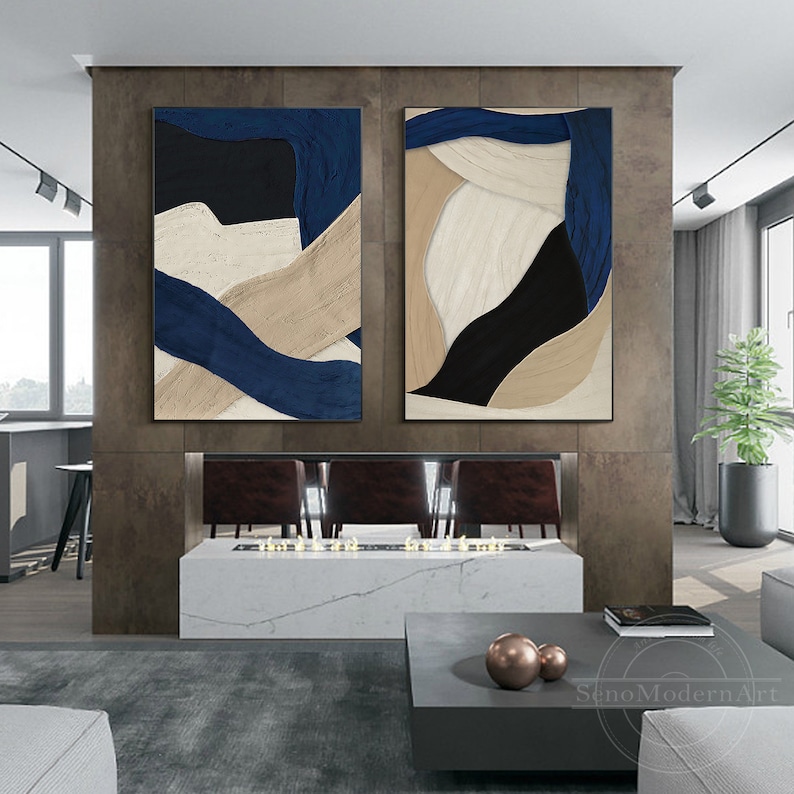 Set of 2 abstract textured paintings in navy blue, beige, cream, and black for living room