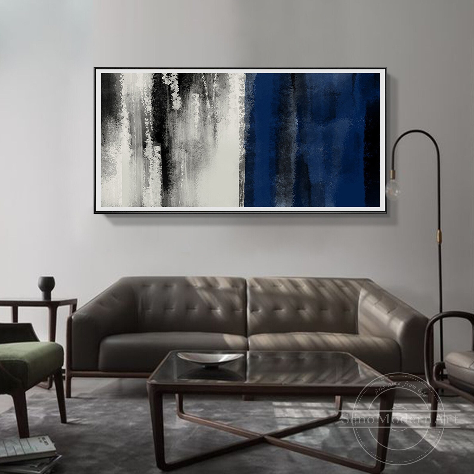 Dark Blue Abstract Painting Black and White Framed Wall Art Etsy