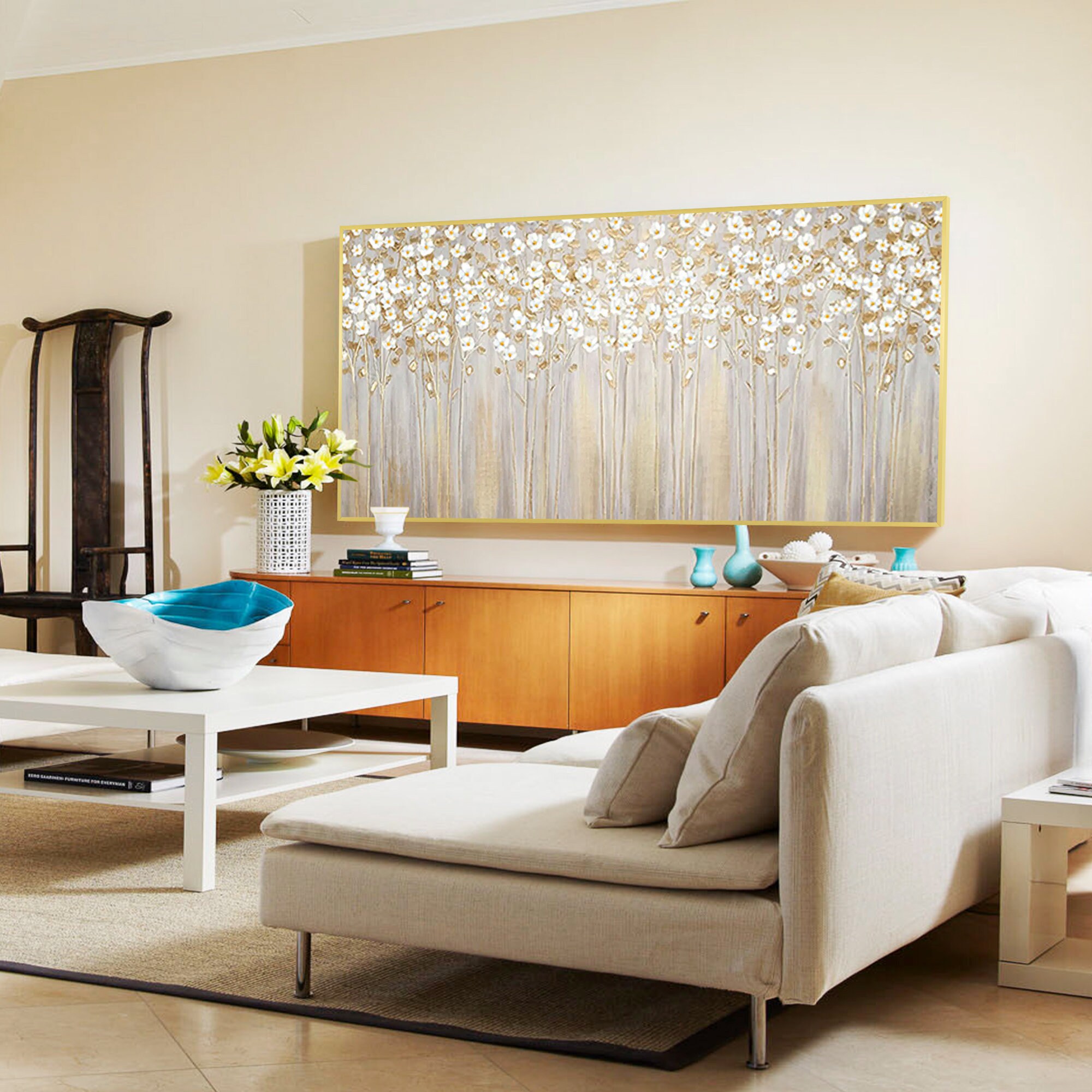 Gold White Flower Painting Gold Leaf 3D Textured Wall Art Original ...