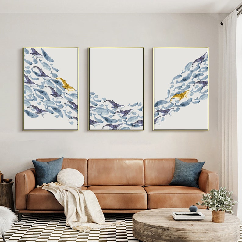 Set of 3 Fish Hand Painted Art Navy Blue Fish Framed Wall Art Etsy