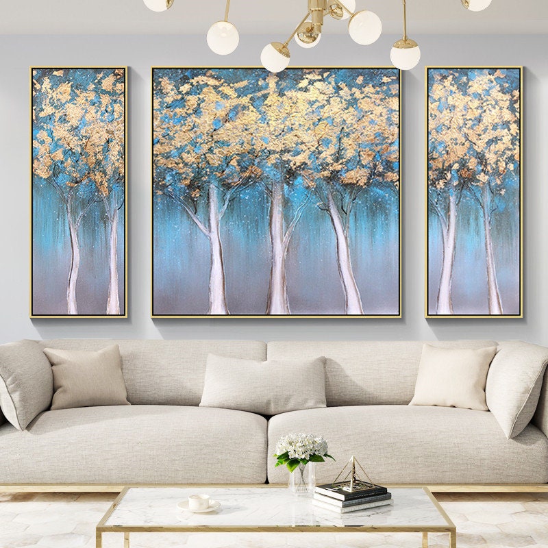 Set of 3 Gold Tree Abstract Painting Teal Blue Frame Wall Art Etsy