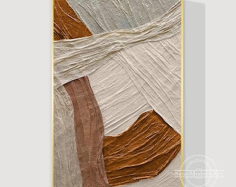 Earth-Tone Wabi Sabi Painting, 3D Textured Plaster Abstract Art, Vertical Hand-Painted Canvas Wall Decor for Modern or Japandi Interiors