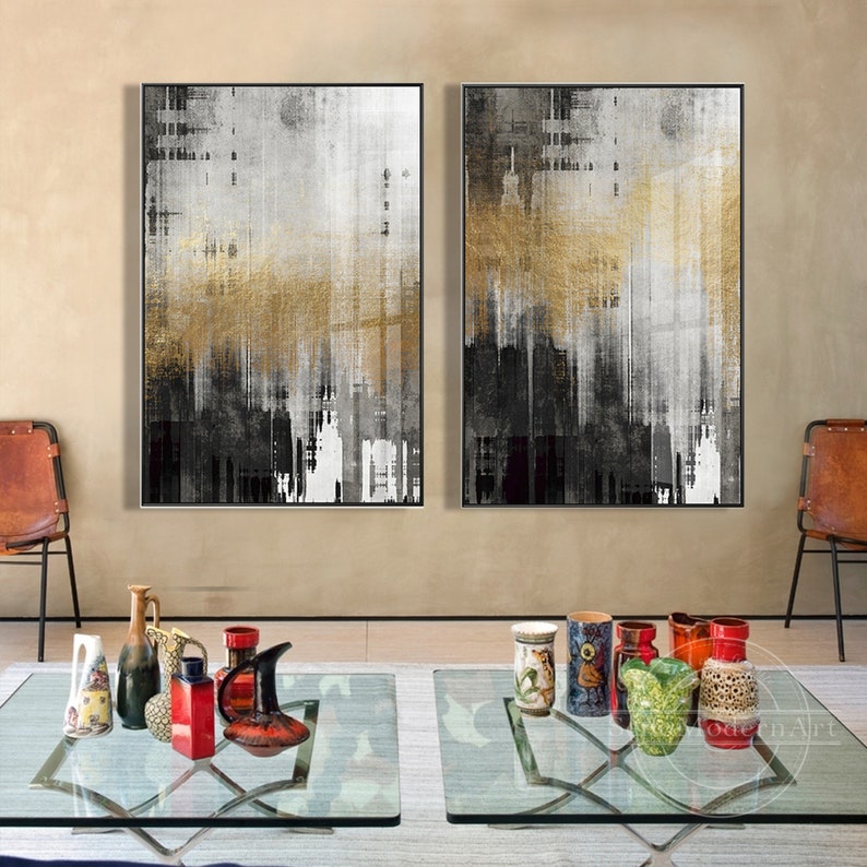 Set of 2 Frame Wall Art Abstract Gold Black and White Print Etsy