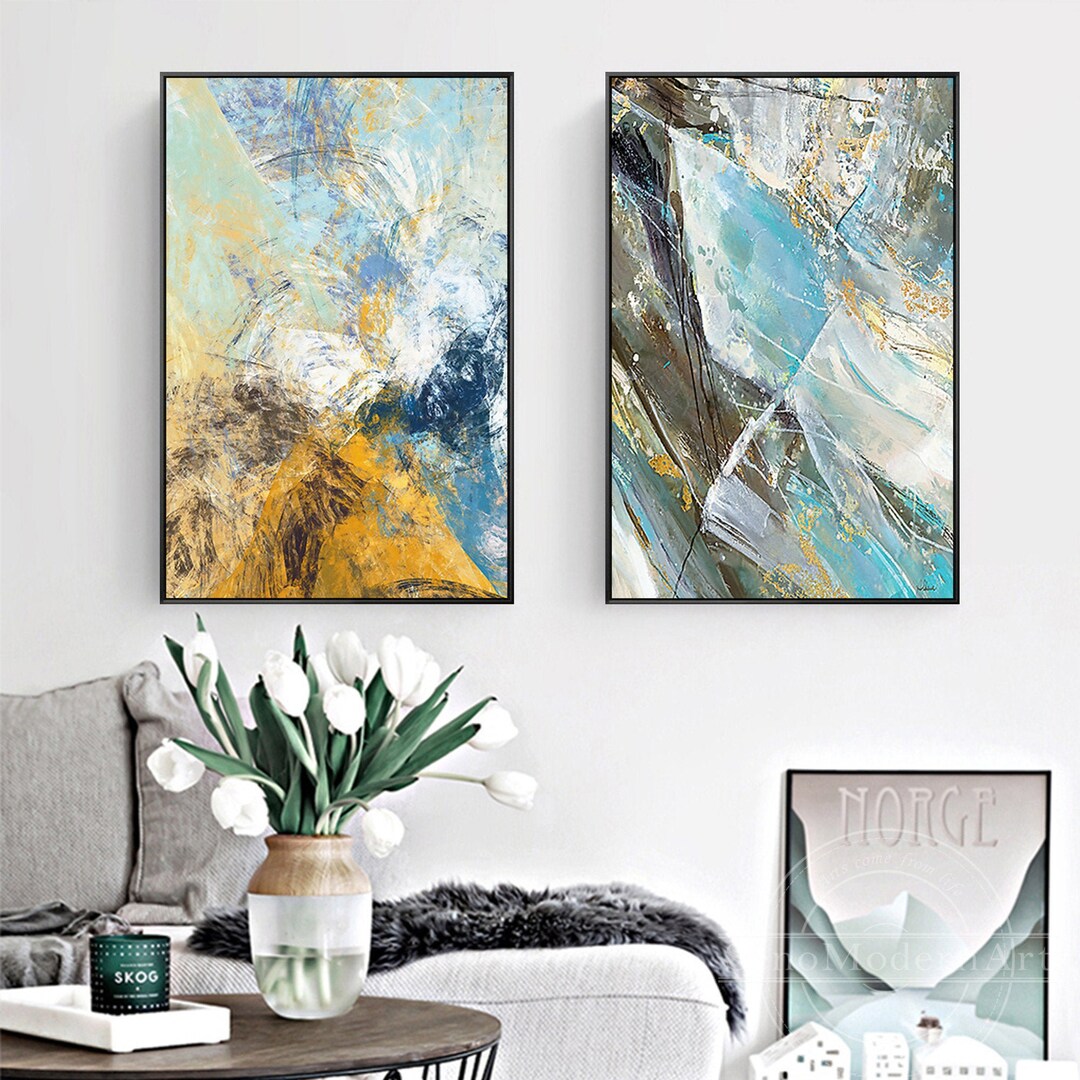 Set of 2 Frame Wall Art Abstract Blue Yellow Black Print Painting on ...