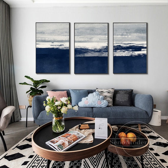 Set of 3 Framed Wall Art Abstract Silver Navy Blue Acrylic