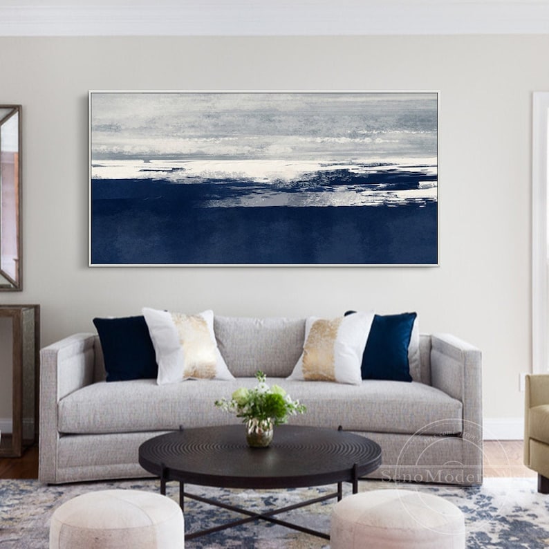 Navy Blue Painting Silver Textured Art Minimalist Abstract Framed Wall ...