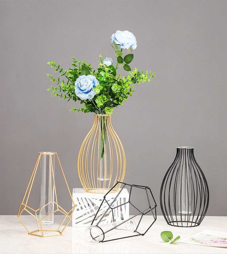 Wire Flower Vase Iron Vase Gold Glass Tube Pot Metal Wire Etsy