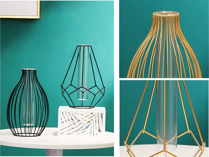 Wire Flower Vase Iron Vase Gold Glass Tube Pot Metal Wire Etsy