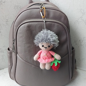 Hedgehog soft keychain, handmade knitted Hedgehog girl with a strawberry, Hedgehog bag decor, bag charm, bag accessories