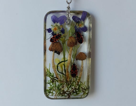 Mushrooms keychain, REAL mushrooms and red beetles handmade charm bag decor, Goblincore, Curiosities Oddities