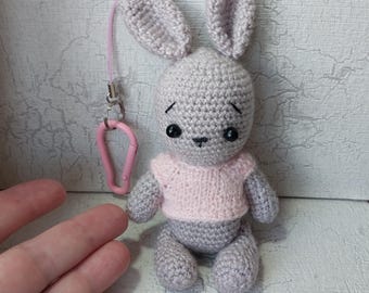 Bunny soft bag charm, pink Bunny Rabbit handmade knitted soft toy bag charm, Bunny bag decor, bag charm kawaii Bunny