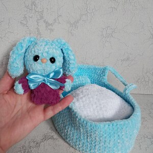 Baby cradle soft toy, "Baby cradle" with knitted Bunny crochet toys, handmade nursery decor, baby gift, Plush Bunny