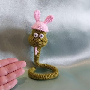 Snake soft interior figure, small Snake in a hare's hat handmade knitted interior toy, gift for girl, interior decoration