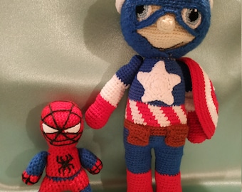Superheroes soft interior figure, Captain America and little Spiderman handmade knitted toys, interior decoration, home decor
