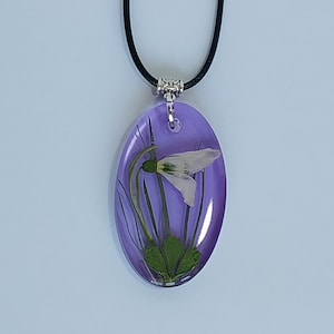 Snowdrop pendant necklace, cute lillac pendant with real Snowdrop flower, handmade epoxy resin charm