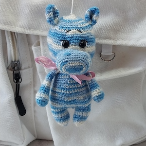 Hippo soft keychain, handmade knitted Hippo bag charm, blue Hippo bag decor, funny souvenir, handmade stuffed Hippo, bag accessories