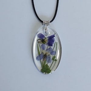 Violet pendant necklace, cute pendant with real 2 Violets flowers, handmade epoxy resin charm