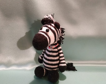 Zebra, handmade stuffed toy, Zebra With Choker, Zebra soft toy, Zebra nursery decor, Zebra knitted toy, crochet zebra safari animals