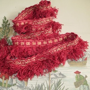 4 foot ( 122cm) French 1880s Fluffy Raspberry Red Trim/Silk/Cotton.
